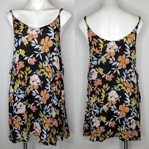 NWT Roxy black orange yellow blue floral spaghetti strap swim cover dress L